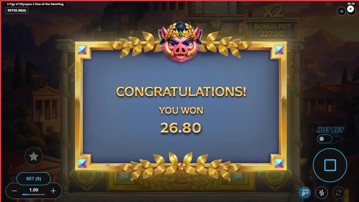 3 Pigs of Olympus 2 Rise of the DemiHog slot game screen featuring pig gods and mythological elements.